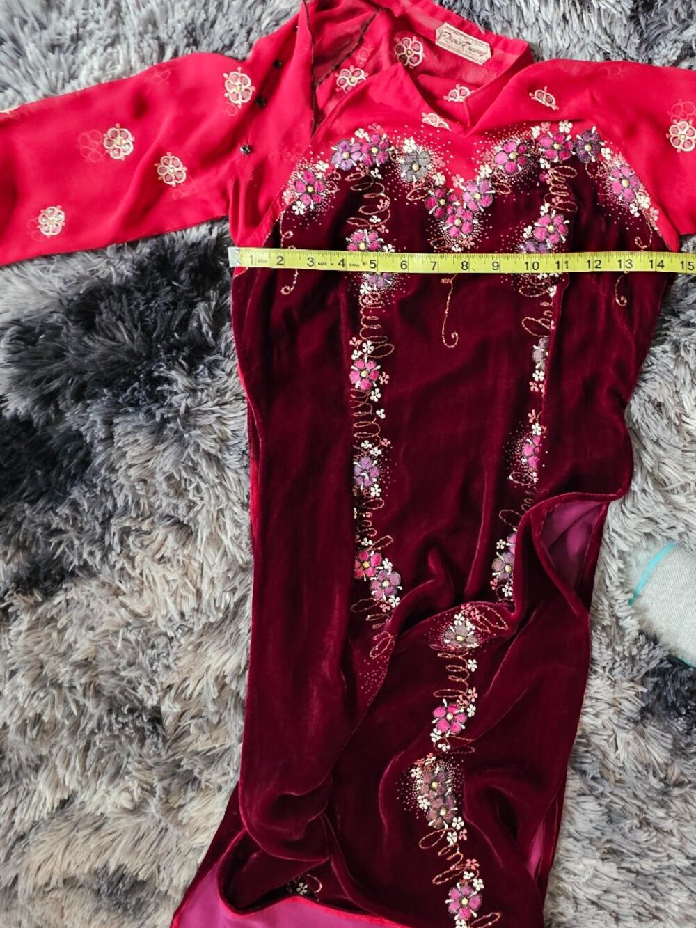 Pháo Trang Vintage Vietnamese Ao Dai – Burgundy Velvet & Red Embroidered Dress - Picture 7 of 11